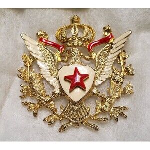 Vintage DaneCraft Coat of Arms Eagle Crown Ribbon Leaves Gold Heraldic Brooch